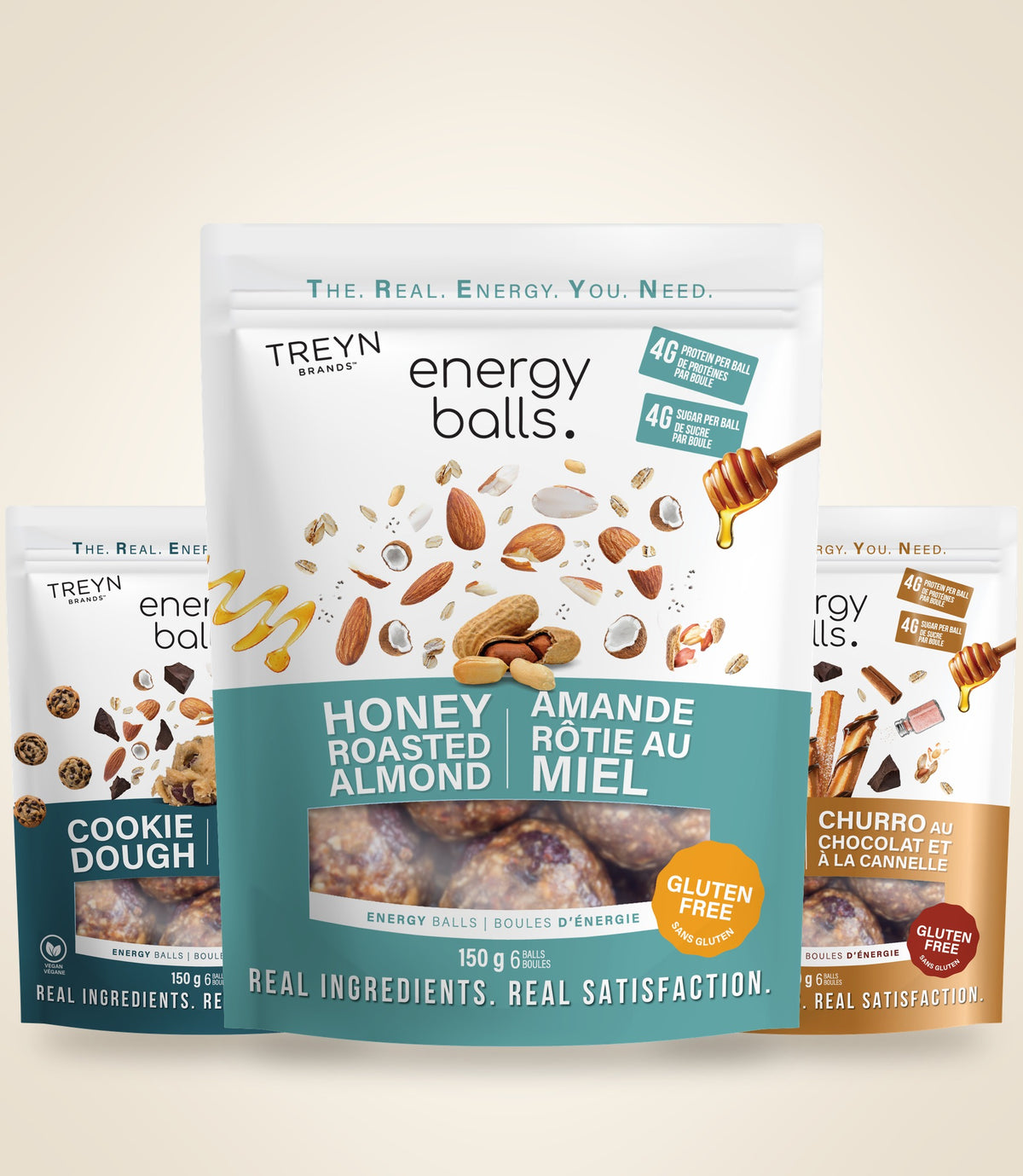 TREYN Honey Roasted Almond, Cookie Dough and Cinnamon Chocolate Churro Energy Balls pouches