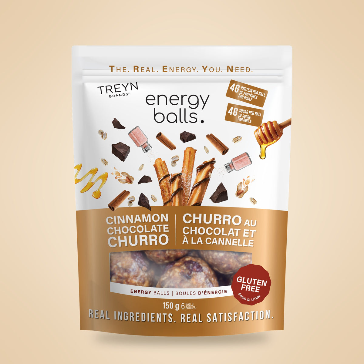 TREYN Cinnamon Chocolate Churro Energy Balls, 150 g pouch, front