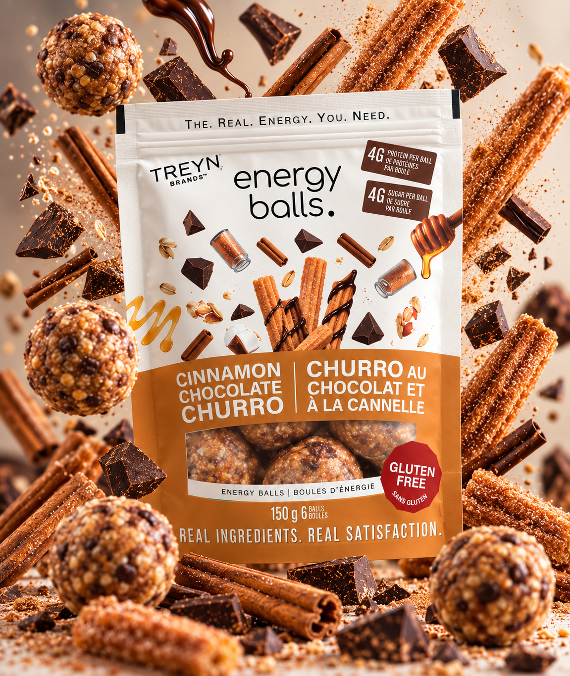 TREYN Cinnamon Chocolate Churro Energy Balls pouch surrounded by churros, cinnamon and chocolate