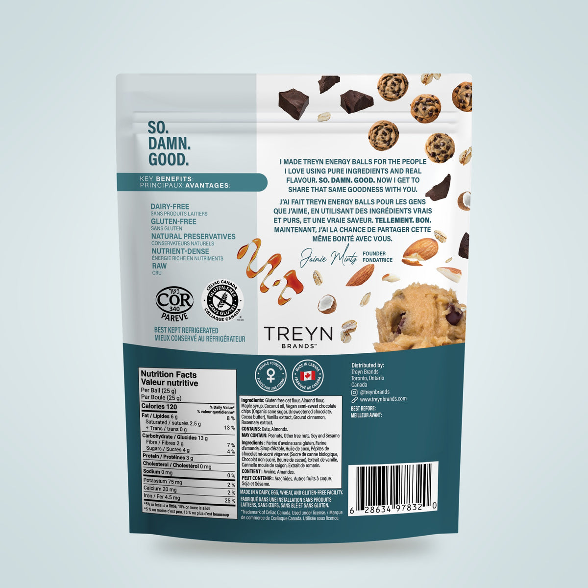 TREYN Cookie Dough Energy Balls, 150 g pouch, back