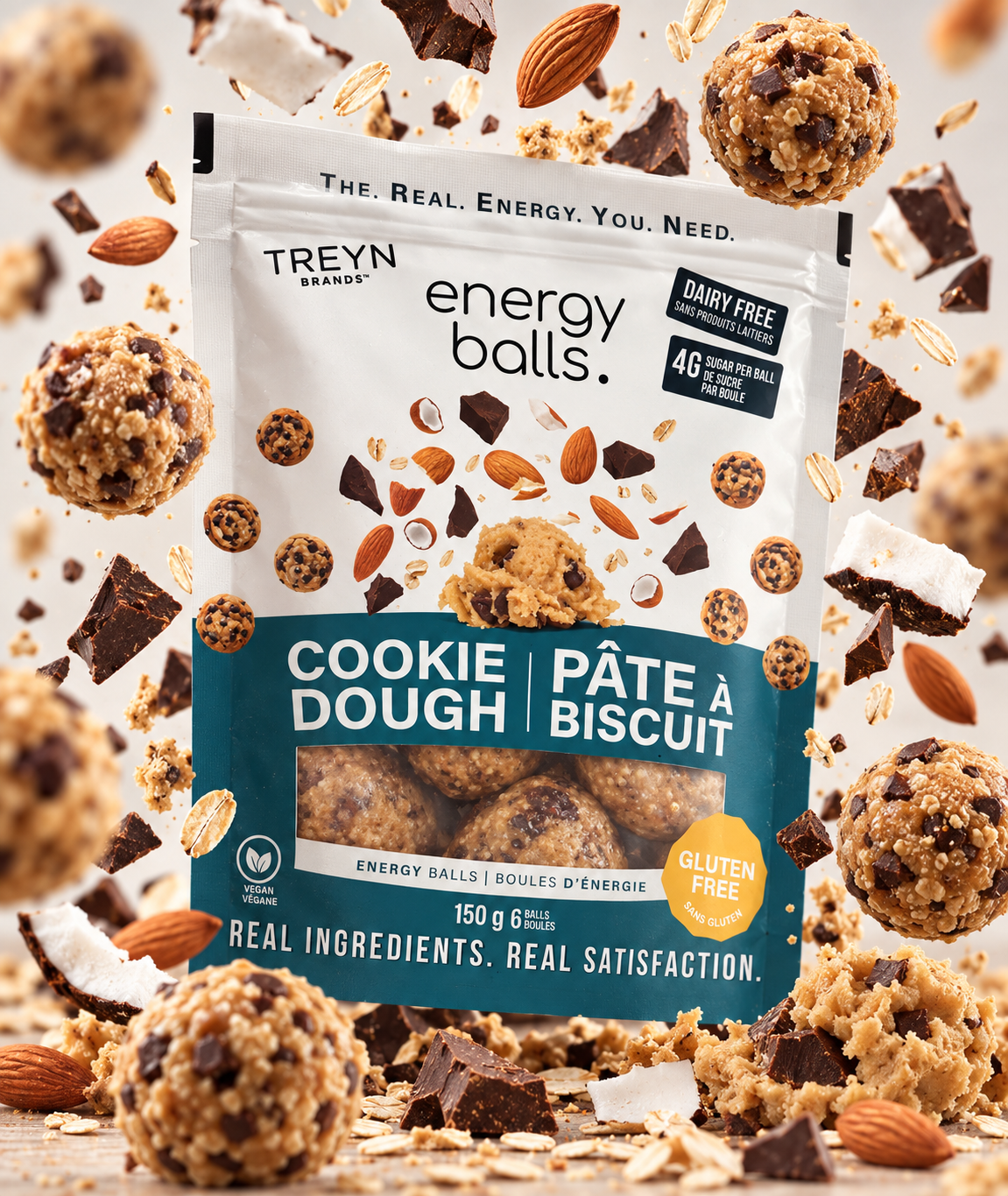 TREYN Cookie Dough Energy Balls pouch surrounded by cookie dough, chocolate and almonds