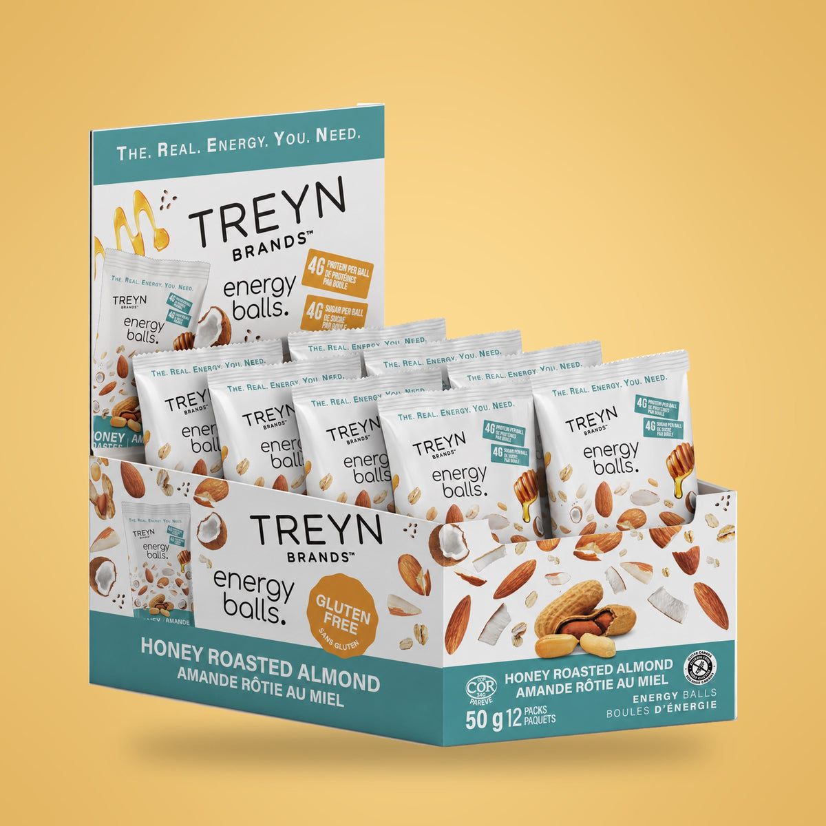 TREYN Grab & Go Honey Roasted Almond display box, 12 pouches