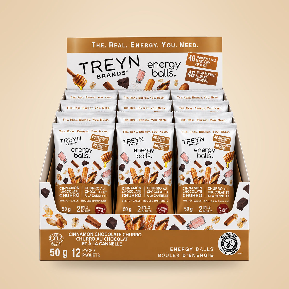 TREYN Grab & Go Cinnamon Chocolate Churro display box, 12 pouches, front view