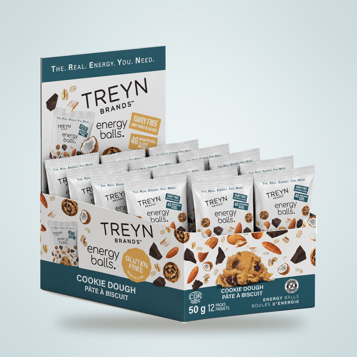 TREYN Grab & Go Cookie Dough display box, 12 pouches