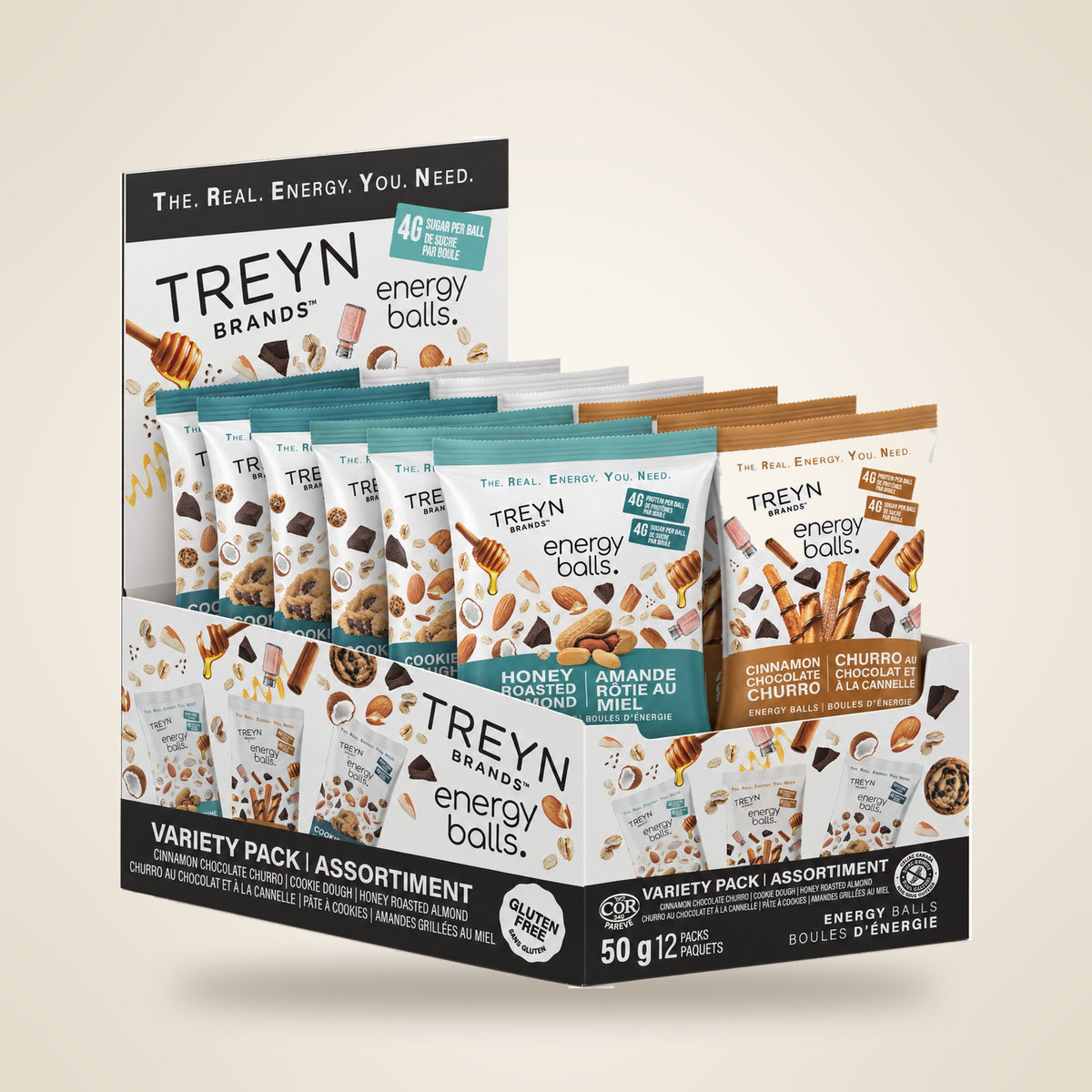 TREYN Grab & Go Variety display box: Cookie Dough, Honey Roasted Almond and Cinnamon Chocolate Churro pouches