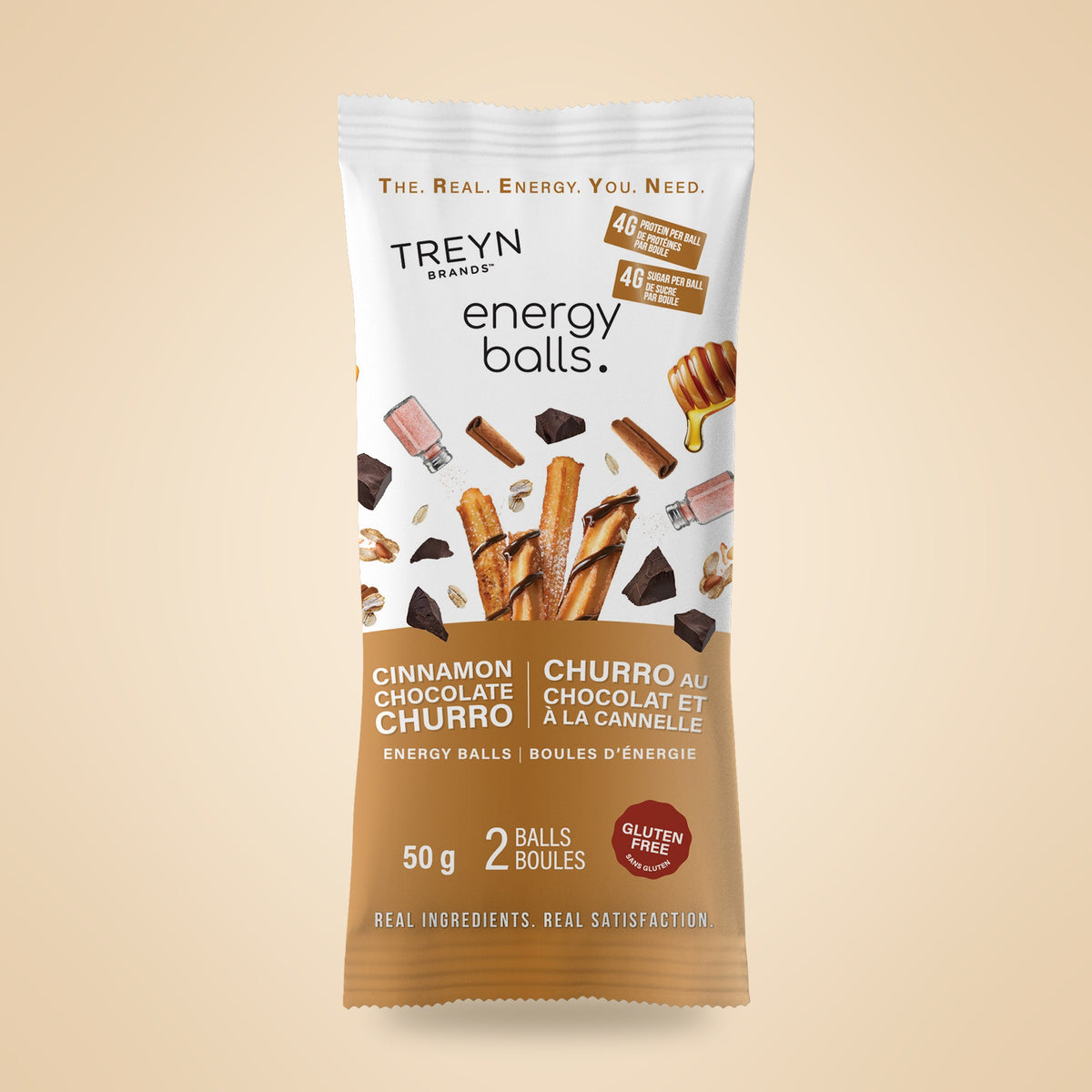 TREYN Grab & Go Cinnamon Chocolate Churro Energy Balls, 50 g pack, front
