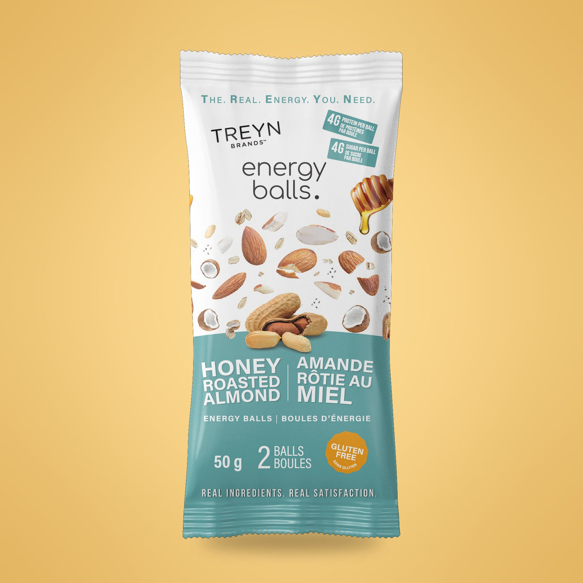 TREYN Grab & Go Honey Roasted Almond Energy Balls, 50 g pack, front