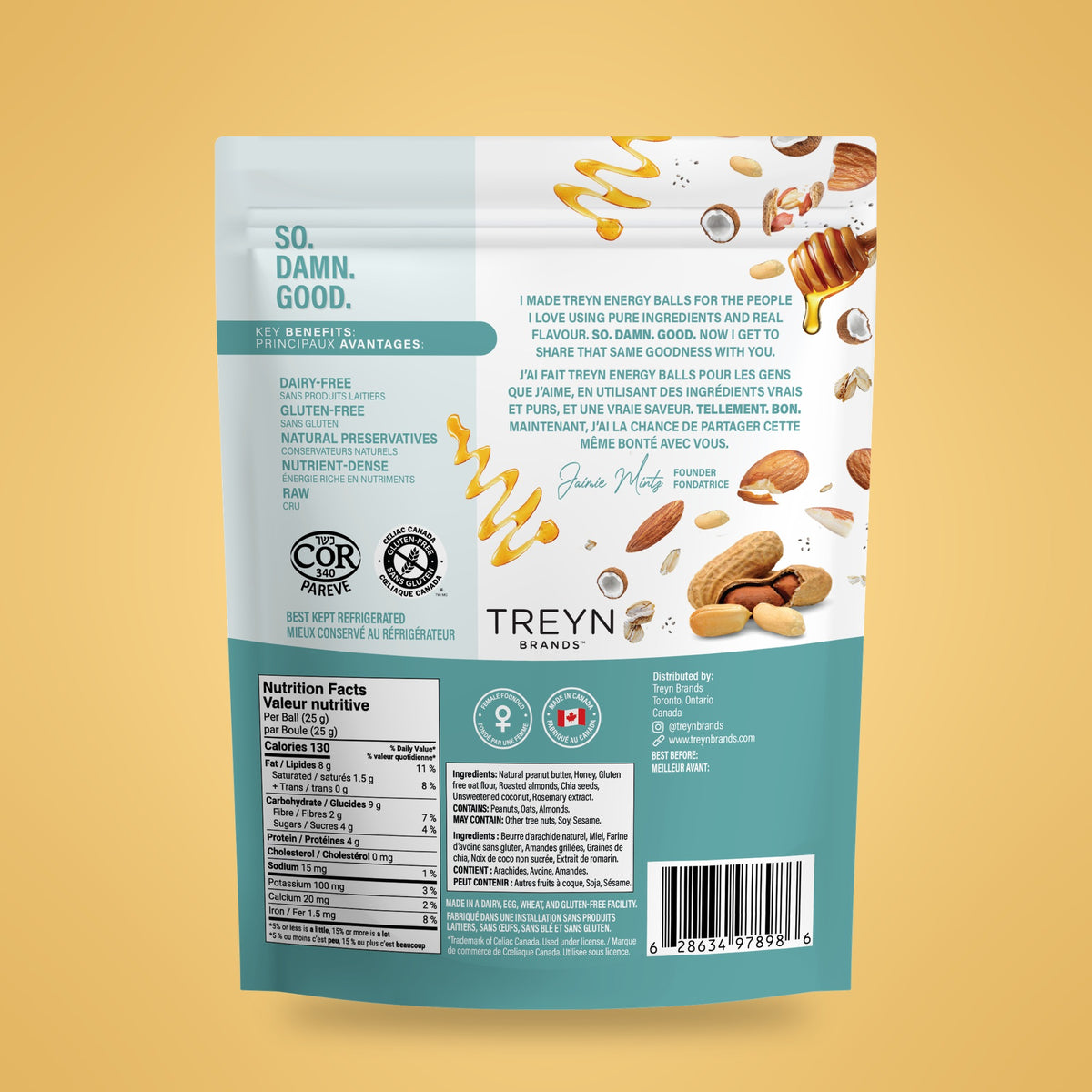 TREYN Honey Roasted Almond Energy Balls, 150 g pouch, back