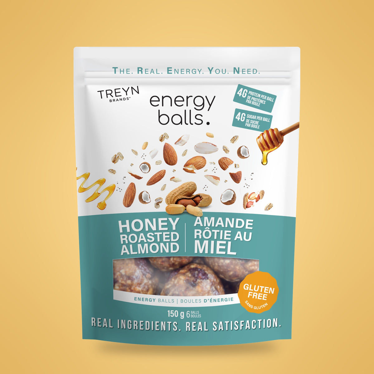 TREYN Honey Roasted Almond Energy Balls, 150 g pouch, front