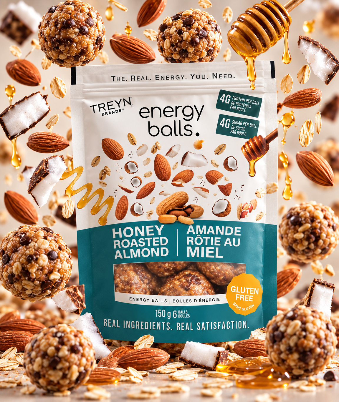 TREYN Honey Roasted Almond Energy Balls pouch surrounded by almonds, honey and energy balls