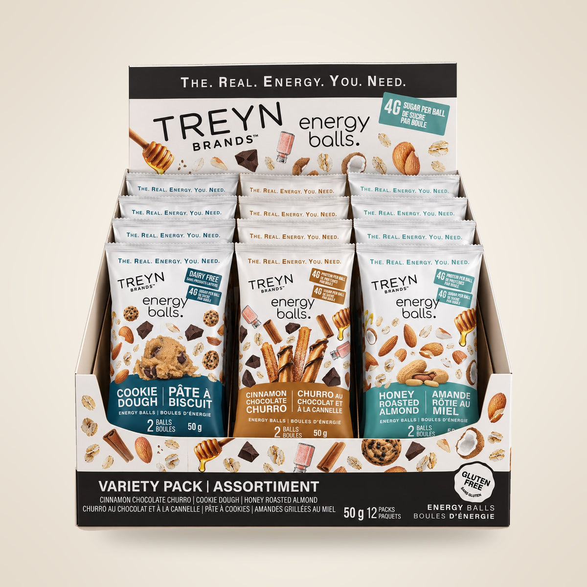TREYN Grab & Go Variety display box with Cookie Dough, Cinnamon Chocolate Churro and Honey Roasted Almond pouches