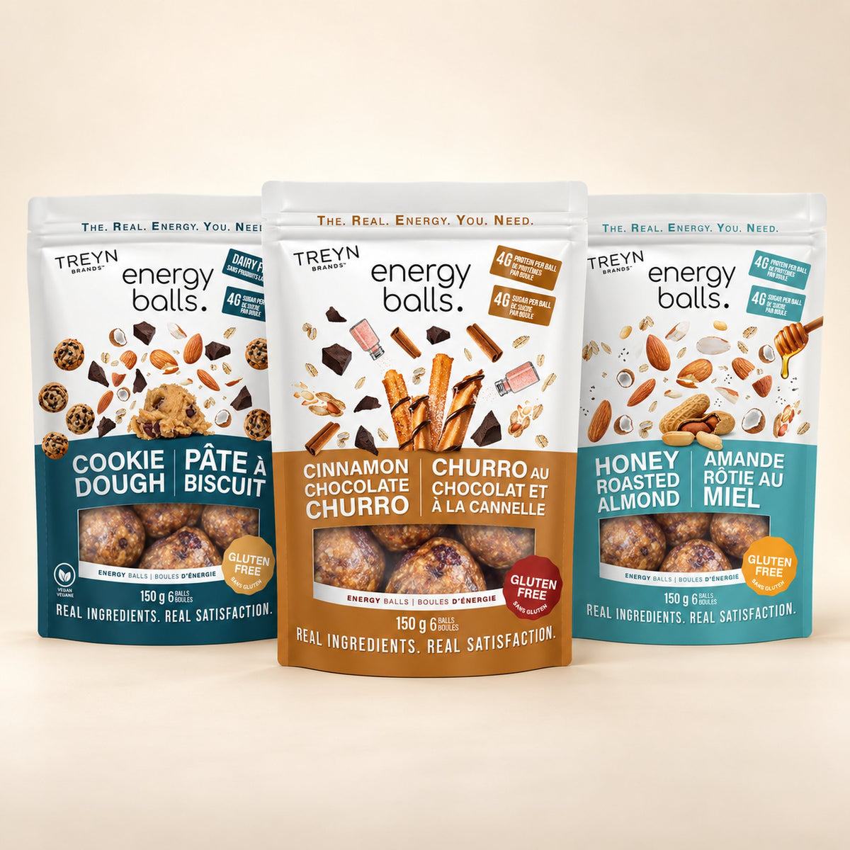 TREYN Energy Balls large bags: Cookie Dough, Cinnamon Chocolate Churro and Honey Roasted Almond