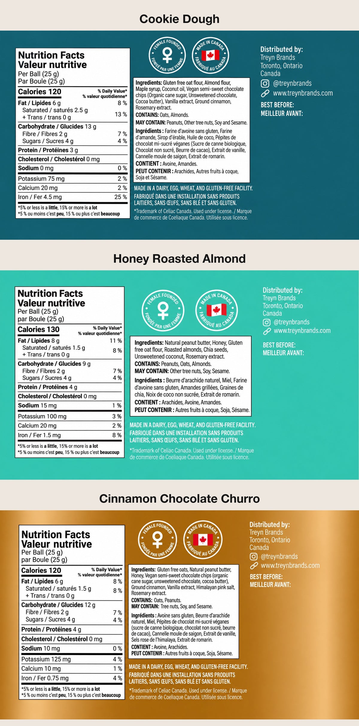 Nutrition facts and ingredients for Cookie Dough, Honey Roasted Almond and Cinnamon Chocolate Churro