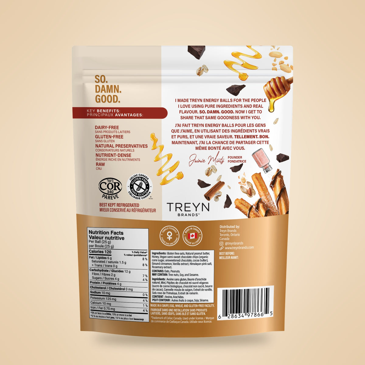 TREYN Cinnamon Chocolate Churro Energy Balls, 150 g pouch, back