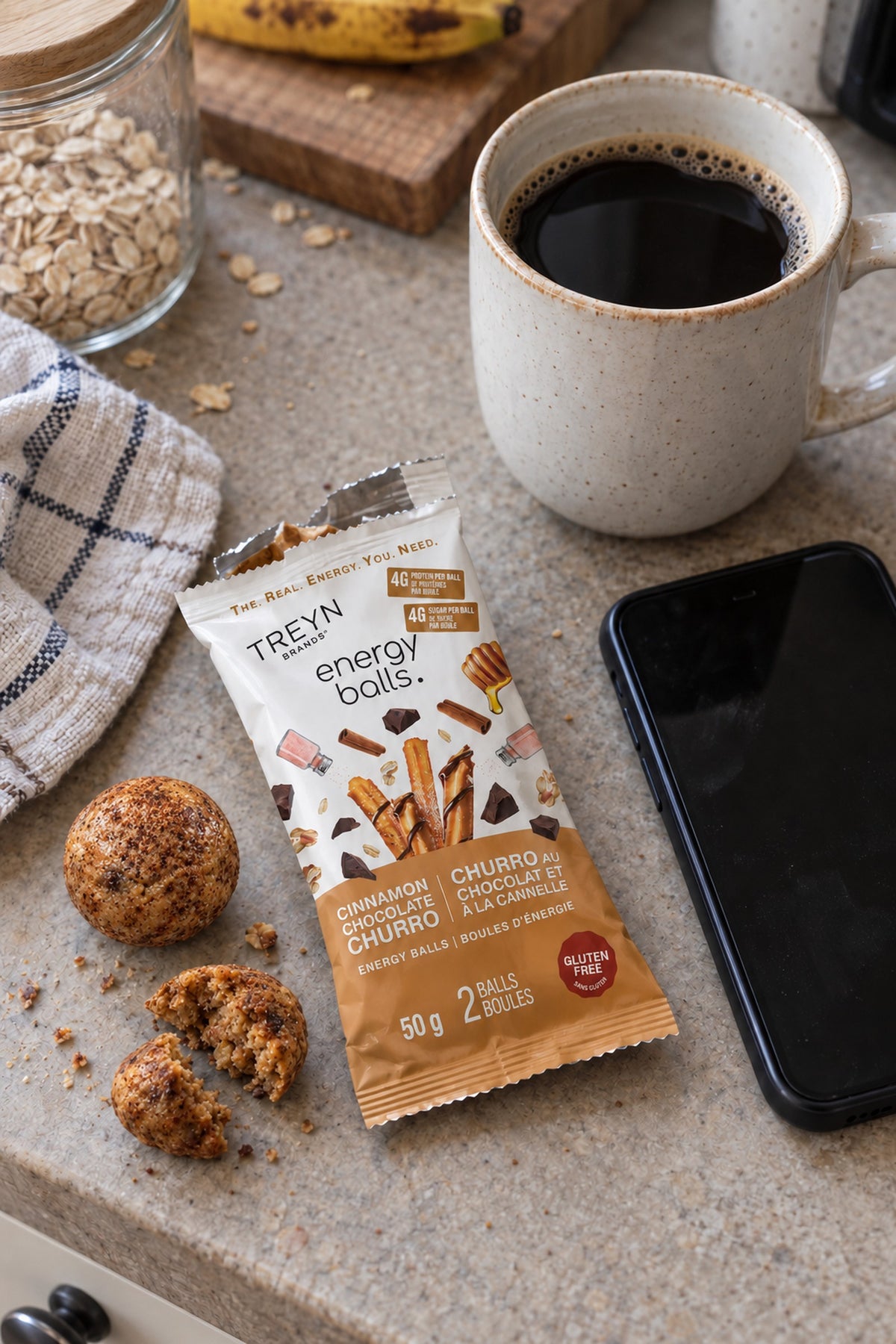 TREYN Cinnamon Chocolate Churro pouch and energy balls with coffee
