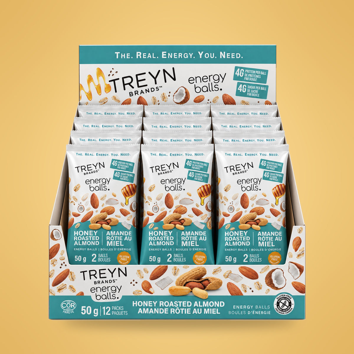 TREYN Grab & Go Honey Roasted Almond display box, 12 pouches, front view
