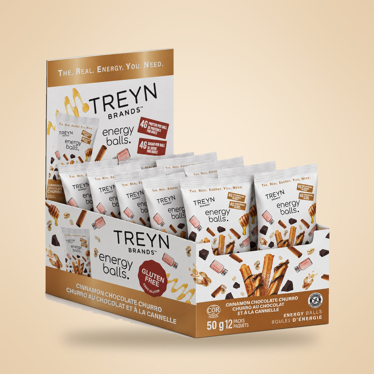 TREYN Grab & Go Cinnamon Chocolate Churro display box, 12 pouches