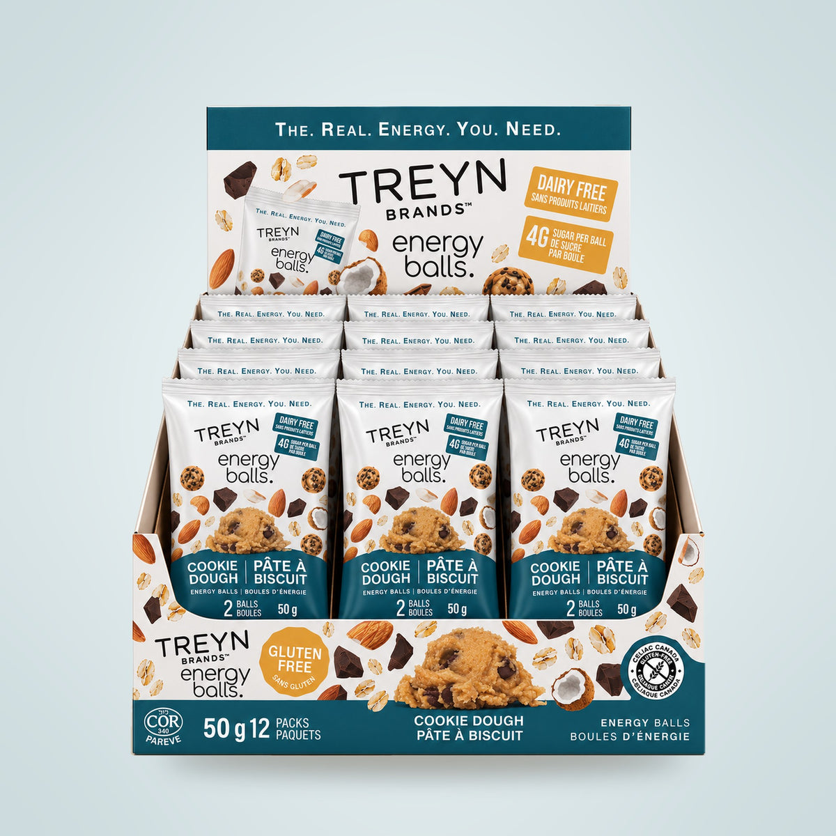 TREYN Grab & Go Cookie Dough display box, 12 pouches, front view